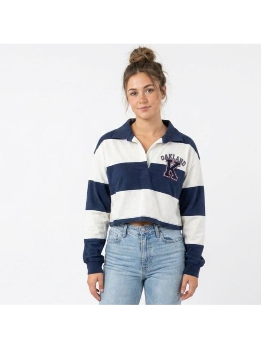 Freeze Cropped Oakland Blue Striped Polo Top Women Juniors Size XS Long Sleeve